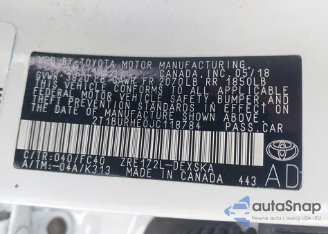 2018 Toyota Corolla Se from USA, damaged, VIN 2T1BURHE0JC118784